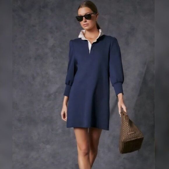 Nwot - Pomander Place - M Tuckernuck Charlotte Terry Shirt Dress Navy/Cream - Picture 1 of 8